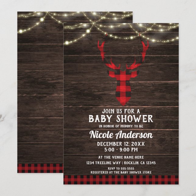 Rustic Plaid Deer Antlers Wood Lights Baby Shower Invitation (Front/Back)