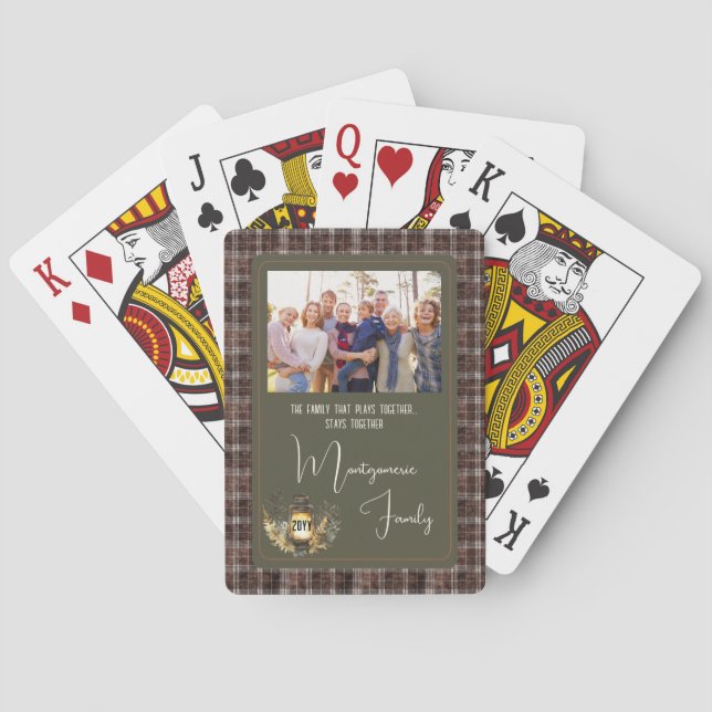 Rustic Plaid Elegant Script Family Photo Name Year Playing Cards (Back)
