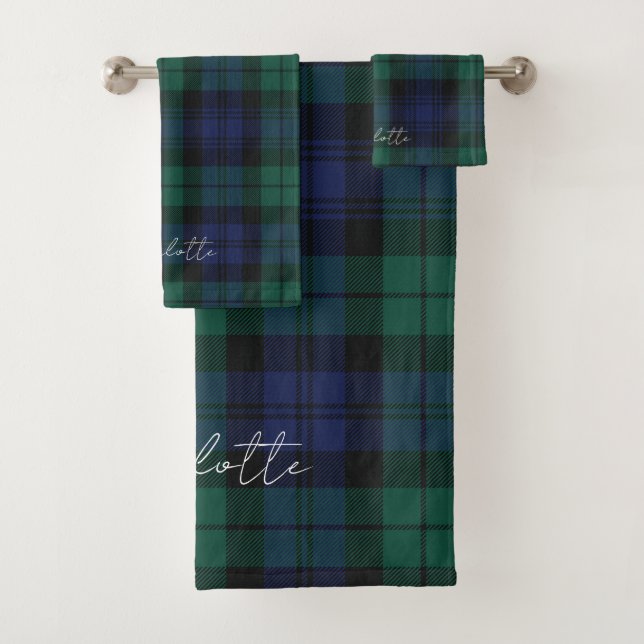 Rustic Plaid Elegant Script Green Tartan Custom Bath Towel Set (Insitu)
