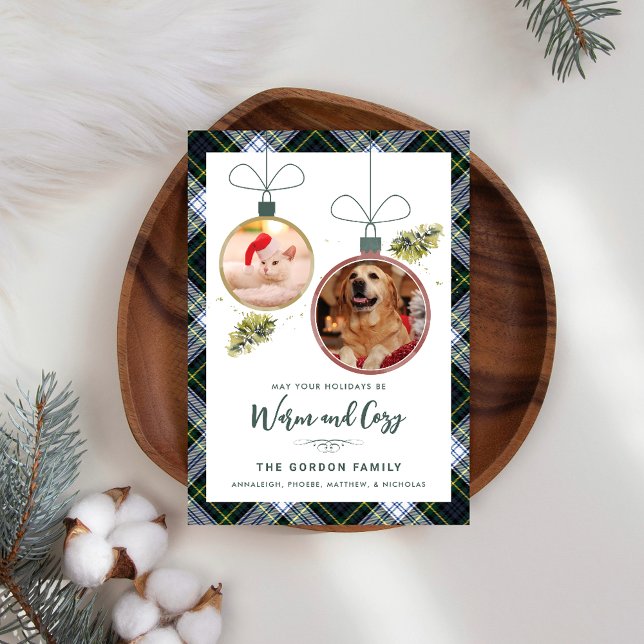 Rustic Plaid Family Christmas 2 Pet Photos Tartan Holiday Card (Rustic Plaid 2 Pet Photos Gordon Tartan Christmas Greetings)