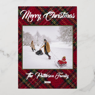 Rustic Plaid Family Christmas Photo Collage Foil Holiday Card