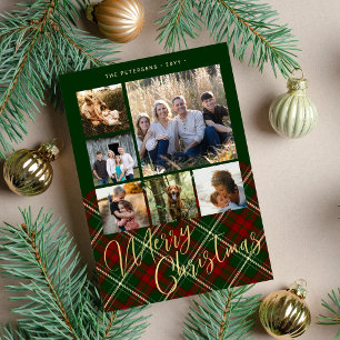Rustic plaid family photo collage Merry Christmas  Holiday Card