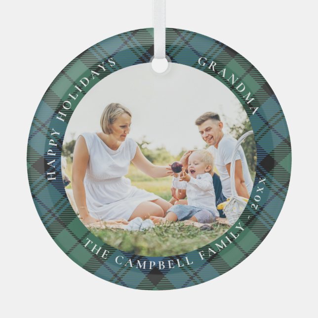 Rustic Plaid Family Photo Grandma Campbell Tartan Glass Tree Decoration (Front)