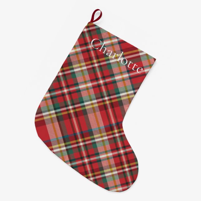 Rustic Plaid Farmhouse Red Check Holidays Large Christmas Stocking (Front (Hanging))
