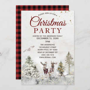 Rustic Plaid Forest Deer Owl Christmas Party Invitation