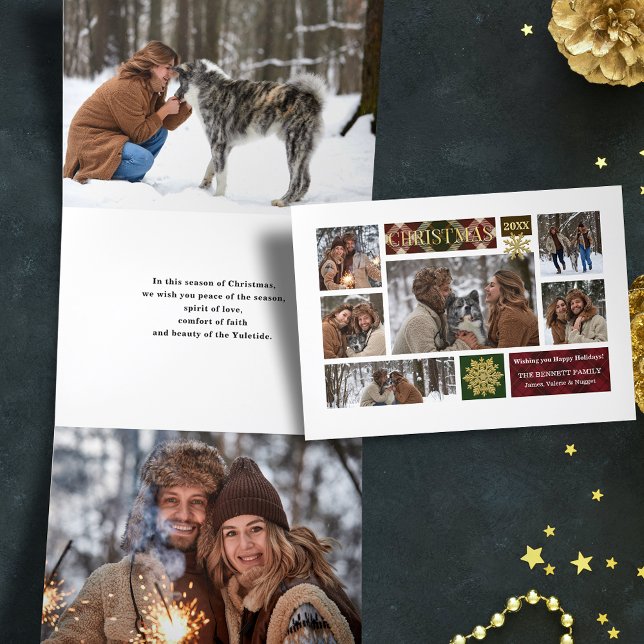 Rustic Plaid & Gold Snowflakes Multi-Photo Tri-Fold Holiday Card (Creator Uploaded)