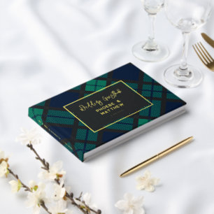 Rustic Plaid Green Black Tartan Gold Foil Wedding Guest Book