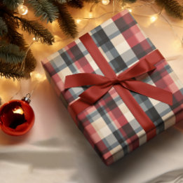 Rustic Plaid in Grey Red Tan Ivory Wrapping Paper