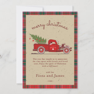 Rustic Plaid Kraft Red Truck Tree Personalised Holiday Card