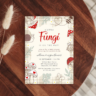 Rustic Plaid Little Fungi Mushroom Baby Shower Invitation