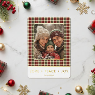 Rustic Plaid Love Peace Joy Photo Christmas Foil Holiday Card