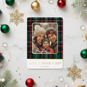 Rustic Plaid Love Peace Joy Photo Christmas Foil Holiday Card
