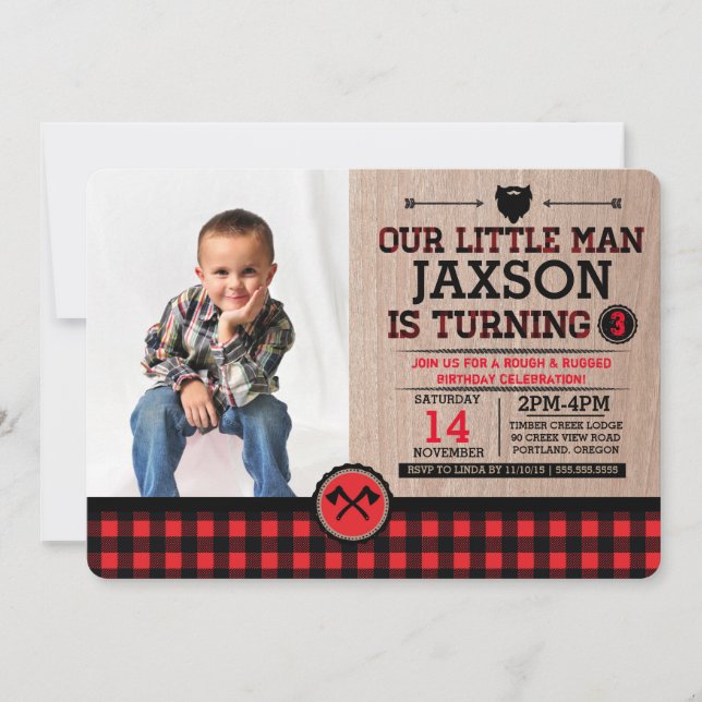 Rustic Plaid Lumberjack Kids Birthday with photo Invitation (Front)