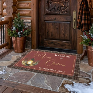 Rustic Plaid Merry Christmas Family Name Welcome Doormat