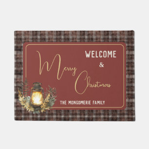 Rustic Plaid Merry Christmas Family Name Welcome  Doormat