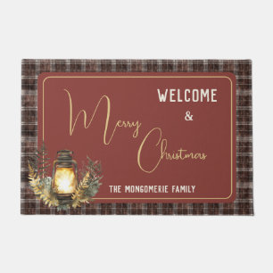 Rustic Plaid Merry Christmas Family Name Welcome Doormat