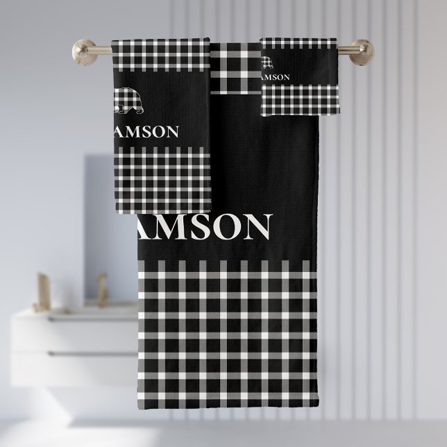 Rustic Plaid Monogram Bear | Black White Bath Towel Set (Creator Uploaded)
