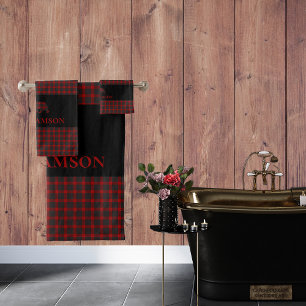 Rustic Plaid Monogram Bear Buffalo Red Black Bath Towel Set