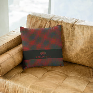 Rustic Plaid Monogram Bear   Buffalo Red Black Cushion
