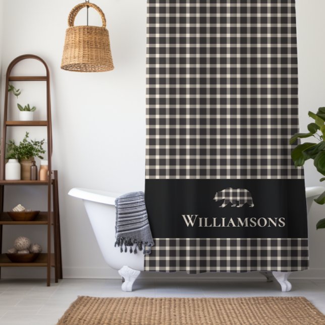 Rustic Plaid Monogram Bear | Cream White Black Shower Curtain (Creator Uploaded)
