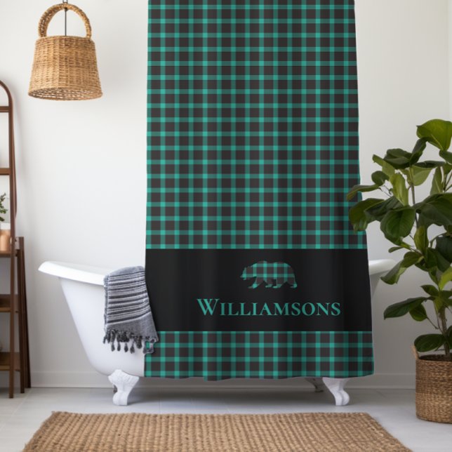 Rustic Plaid Monogram Bear | Teal Green Black Shower Curtain (Creator Uploaded)