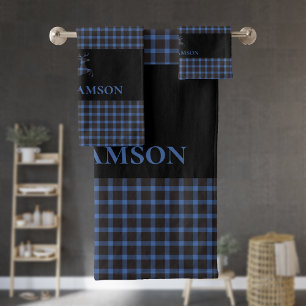 Rustic Plaid Monogram Deer   Black Blue Bath Towel Set