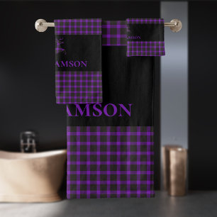Rustic Plaid Monogram Deer   Black Purple Bath Towel Set