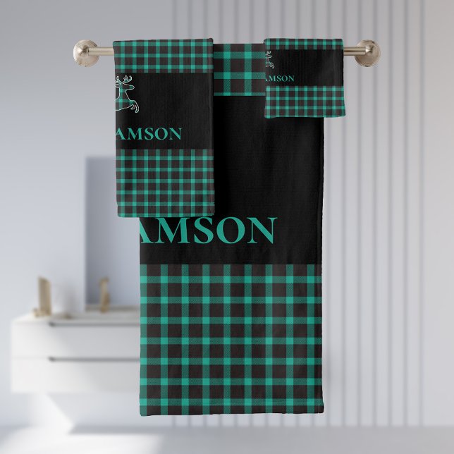 Rustic Plaid Monogram Deer | Black Teal Green Bath Towel Set (Creator Uploaded)