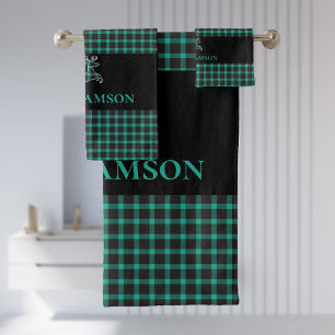 Rustic Plaid Monogram Deer   Black Teal Green Bath Towel Set
