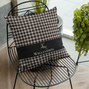 Rustic Plaid Monogram Deer   Cream White Black Cushion