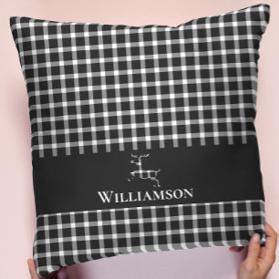 Rustic Plaid Monogram Deer   White Black Cushion