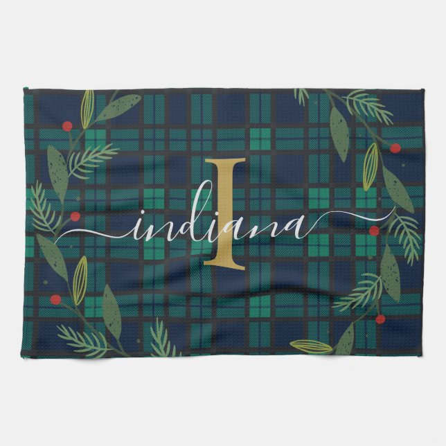 Rustic Plaid Monogram Script Wreath Tartan Tea Towel (Horizontal)