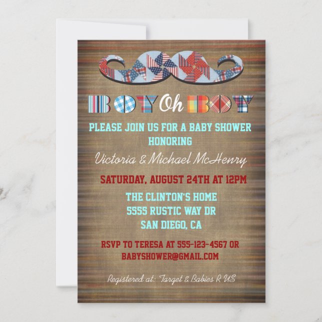 Rustic Plaid Moustache Baby Boy Baby Shower  Invit Invitation (Front)