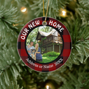 Rustic Plaid OUR NEW HOME (or Other Text) 2 Photo Ceramic Tree Decoration