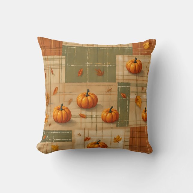 Rustic Plaid Patch | Farmhouse Autumn Throw Pillow (Front)