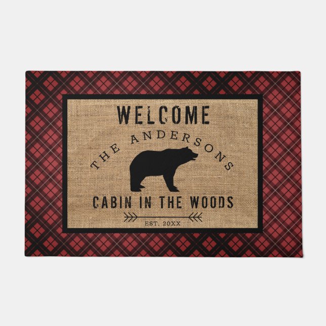 Rustic Plaid Pattern Bear Welcome Cabin in Woods Doormat (Front)