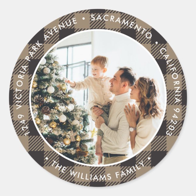 Rustic Plaid Photo Christmas Return Address Labels (Front)