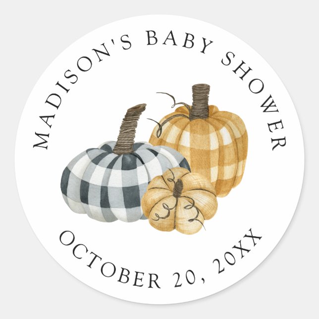 Rustic Plaid Pumpkins Baby Shower Classic Round Sticker (Front)