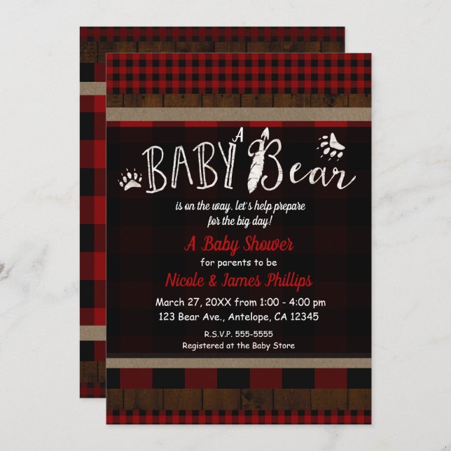 Rustic Plaid Red Baby Bear Baby Shower Unisex Invitation (Front/Back)