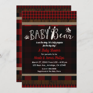 Rustic Plaid Red Baby Bear Baby Shower Unisex Invitation