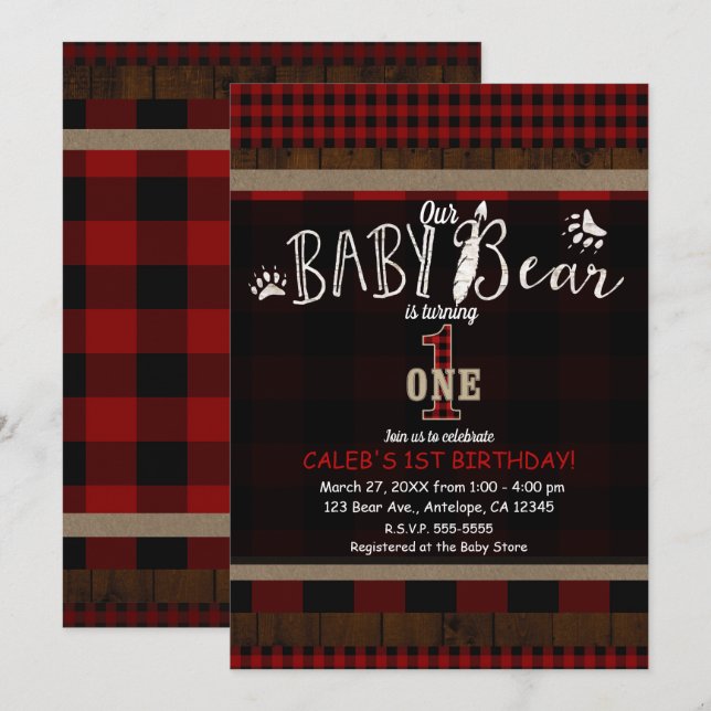Rustic Plaid Red Baby Bear One 1st Birthday Party Invitation (Front/Back)