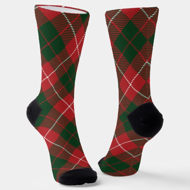 Rustic Plaid Red Green Tartan Holiday Socks (Angled)