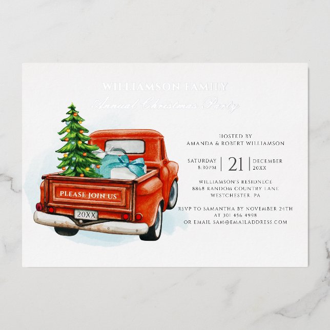 Rustic Plaid Red Truck Christmas Party Silver (Front)