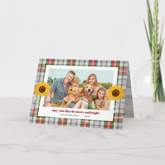 Rustic Plaid Sunflower Family Photo Christmas Card (Front)