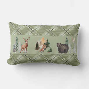 Rustic Plaid Watercolor Woodland Animal Forest Lumbar Cushion