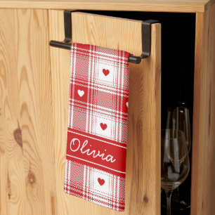 Rustic Plaid With Hearts Valentines Tea Towel