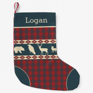 Rustic Plaid Woodland Animals Teal Monogram Name Small Christmas Stocking