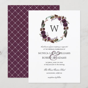 Rustic Plum Autum Floral Wreath Monogram Wedding Invitation