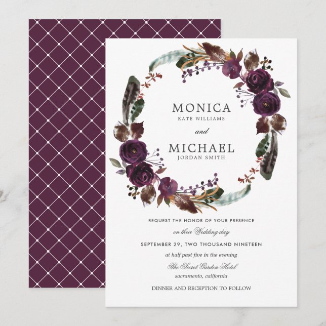 Rustic Plum  | Autumn Boho  Floral Wreath wedding Invitation (Front/Back)