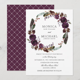 Rustic Plum    Autumn Boho  Floral Wreath wedding Invitation